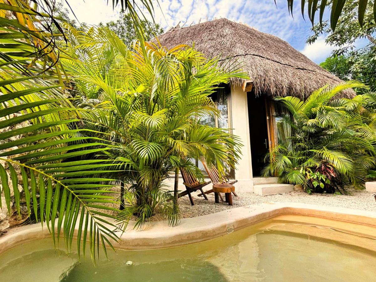 Garden plunge pool beside a thatched villa at Hotel Muare Tulum