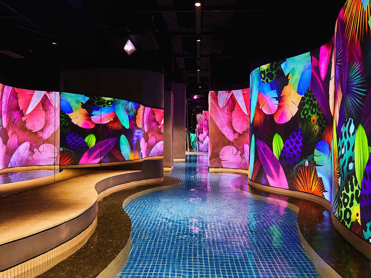 Colourful media-art pool at the Ananti Water House