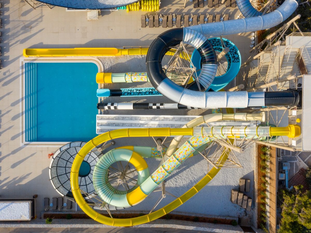 Aerial view of the water park slides at Nana Golden Beach in Hersonissos, Crete