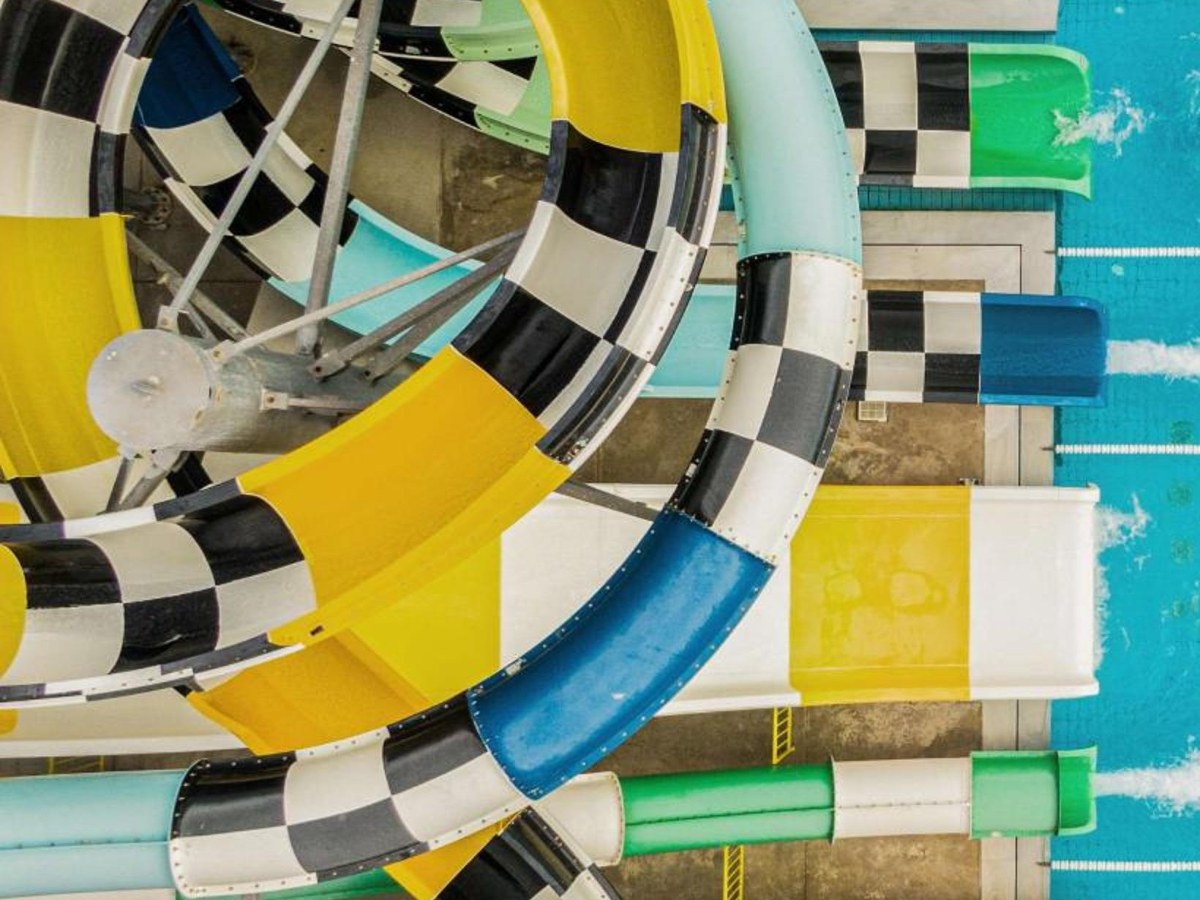Overhead view of the twisting waterpark slides at Creta Maris Resort in Hersonissos, Crete