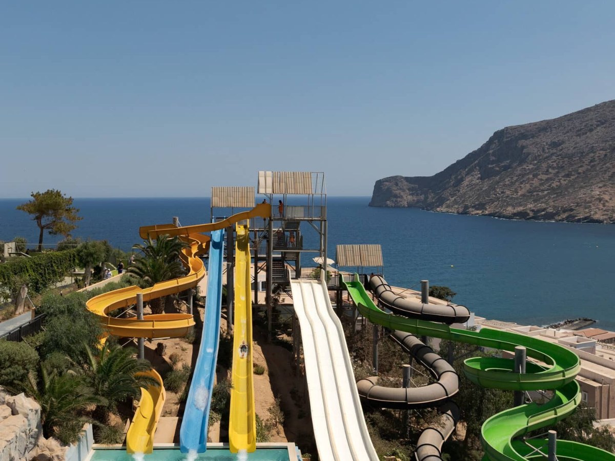 Water park slides above the sea at Fodele Beach Water Park Resort in Crete