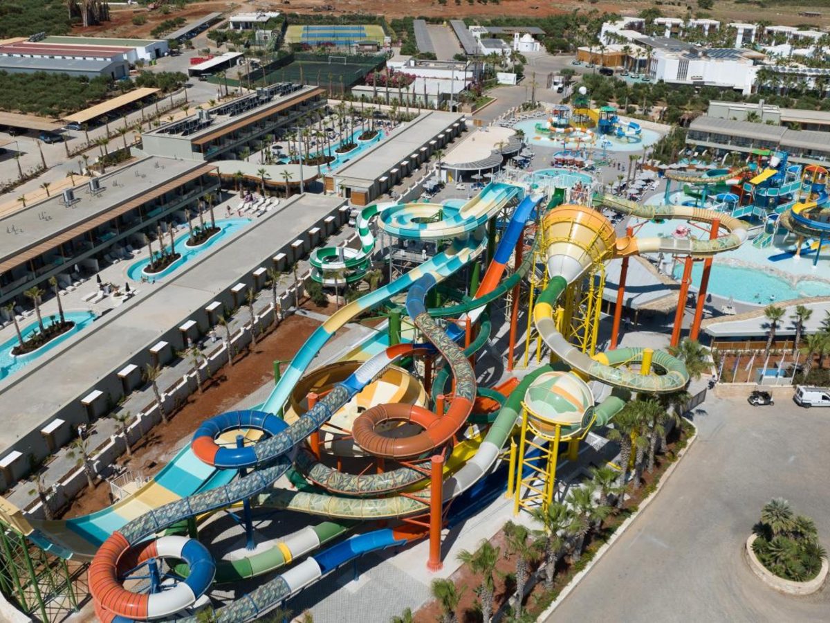 Aerial view of the slide towers at Stella Palace Aqua Park Resort in Analipsi, Crete