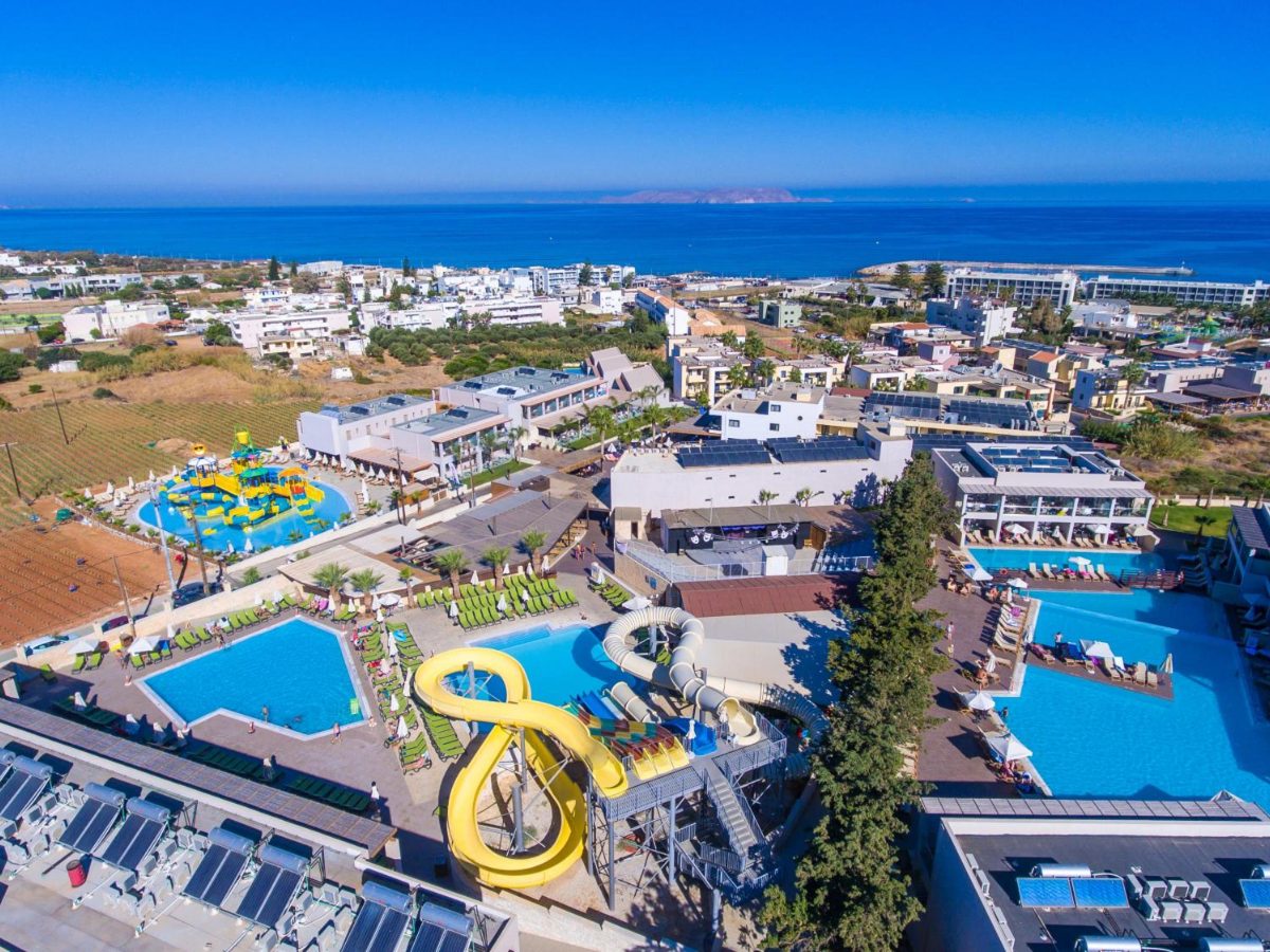 Aerial view of the slide pools at Gouves Waterpark Holiday Resort on the coast of Crete