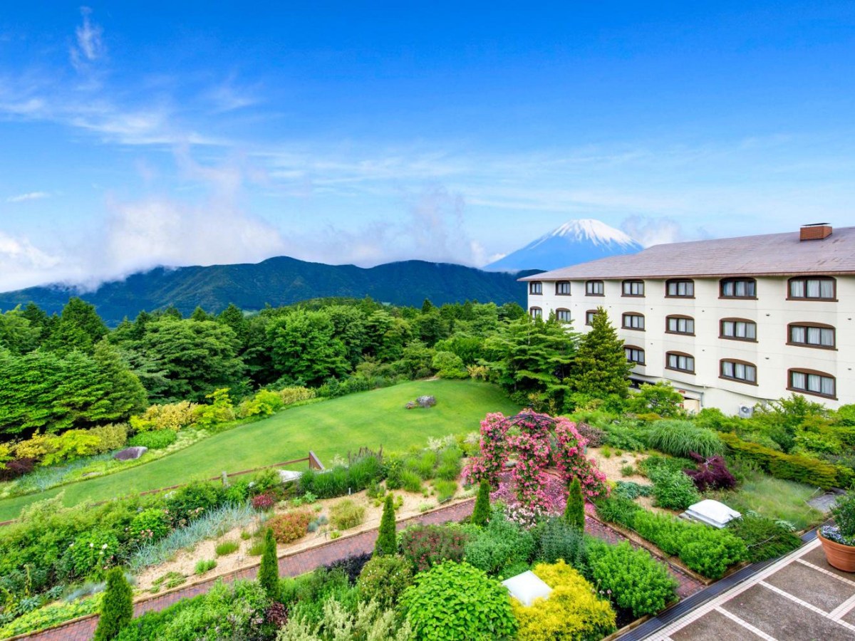Mt Fuji above the garden at Hotel Green Plaza Hakone