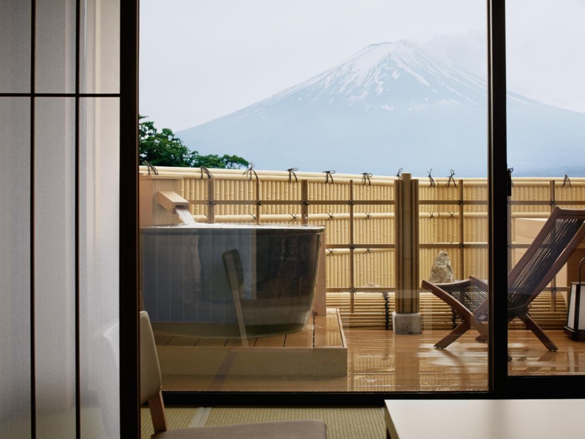 Private open-air bath facing Mt Fuji at Fuji-Kawaguchiko Onsen Konansou