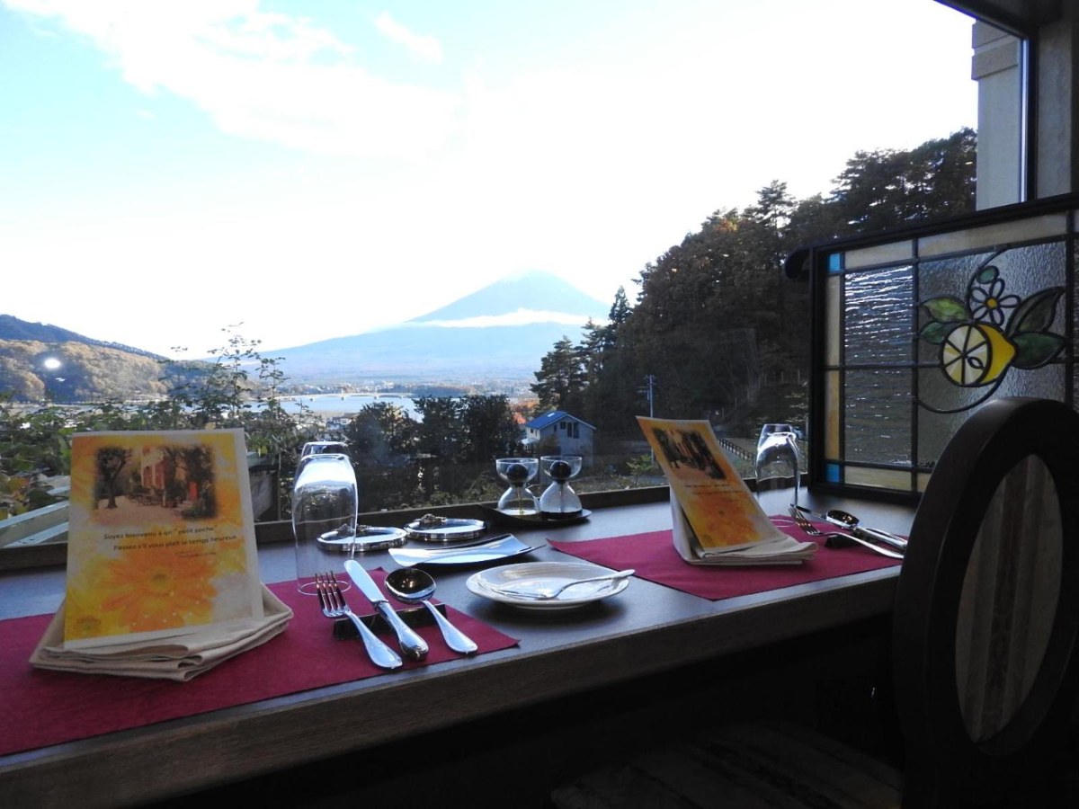 Mt Fuji seen through the window at La Vista Fujikawaguchiko