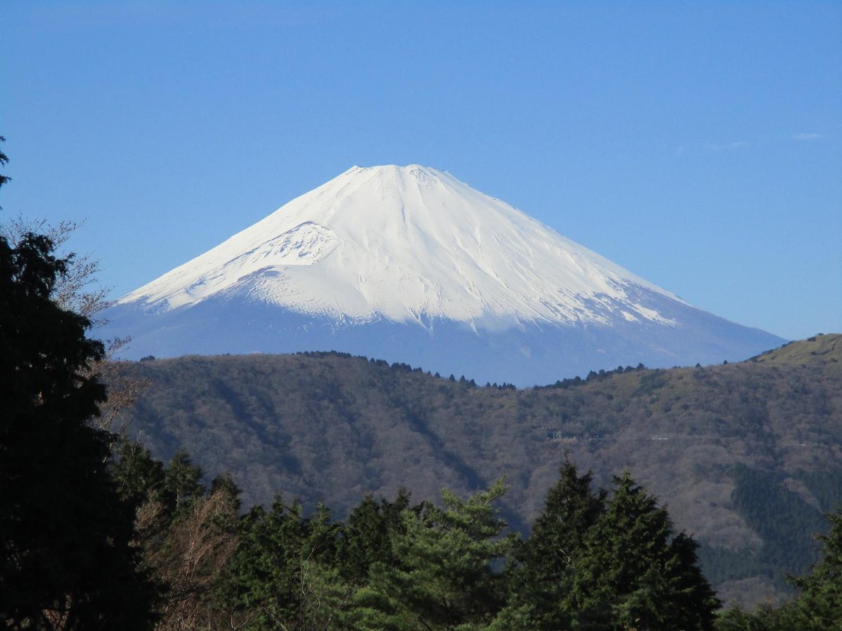 Snow-capped Mt Fuji above wooded hills, seen from Hakone Yuyado Zen in Sengokuhara