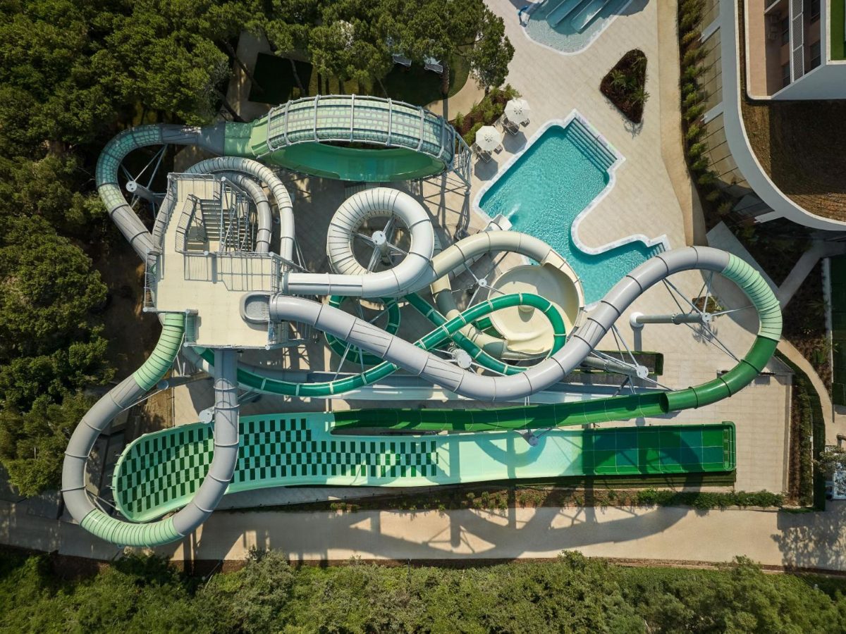 Aerial view of the aquapark slides at Paloma Grida, Belek