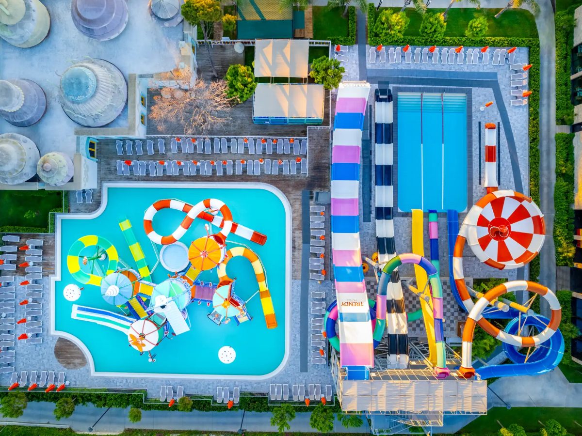 Aerial view of the aquapark slides and splash pool at Trendy Lara