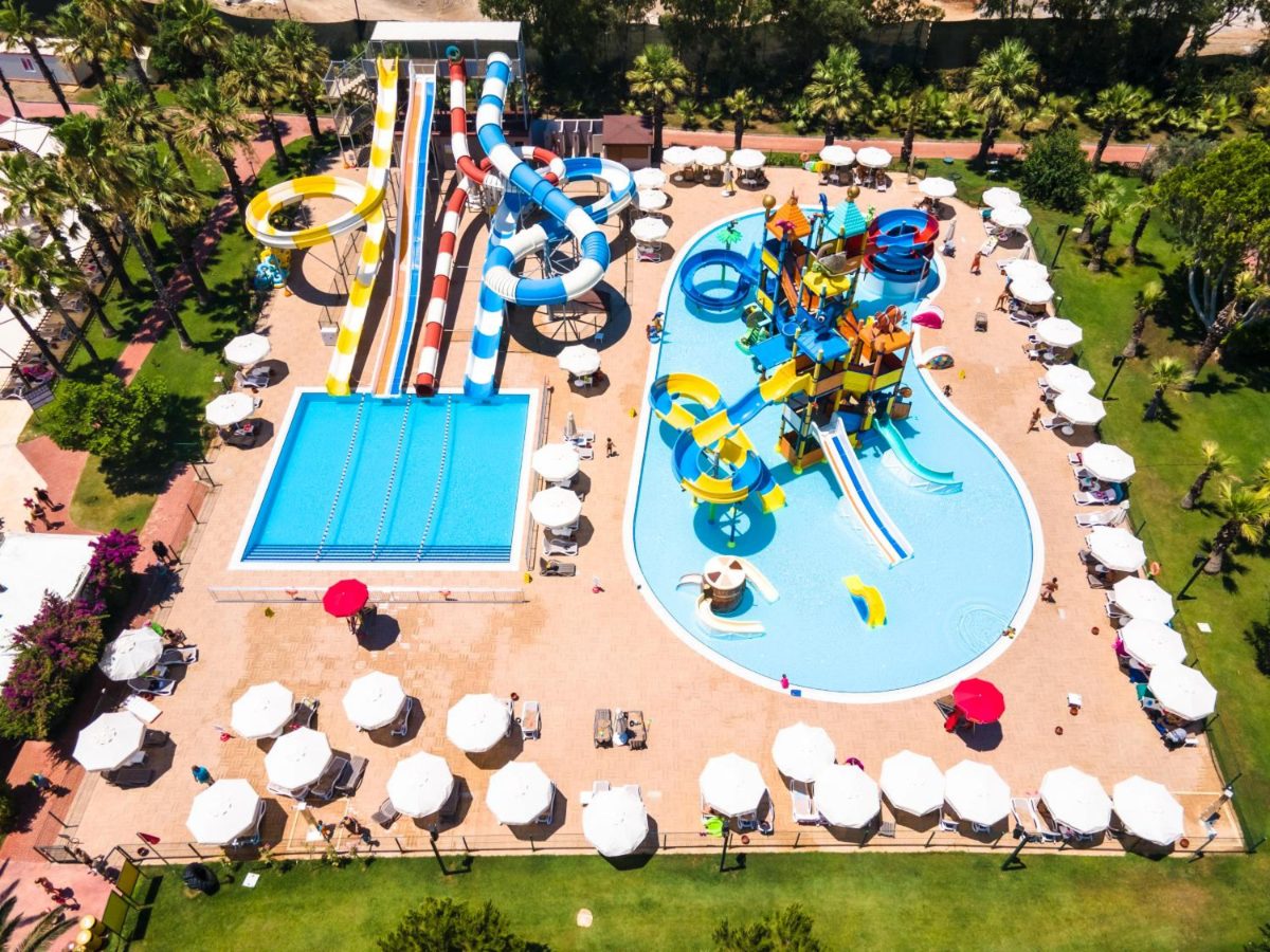 Aerial view of the slide tower and kids' splash pool at TUI MAGIC LIFE Belek