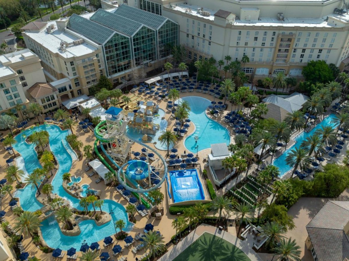 Aerial view of the action river, slide tower and pools at Gaylord Palms Resort's Cypress Springs