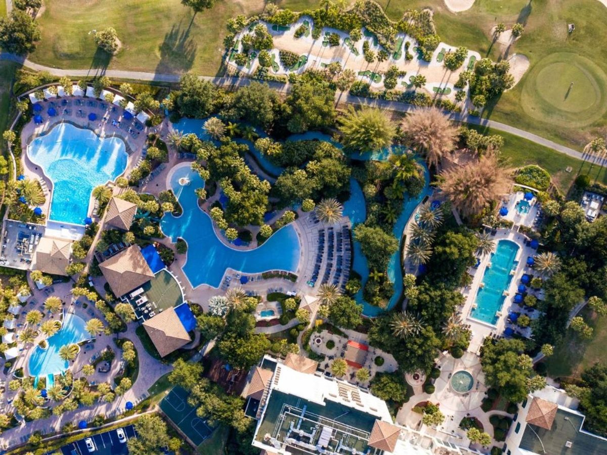 Aerial view of the wave pool and lazy river at Omni Orlando Resort at ChampionsGate