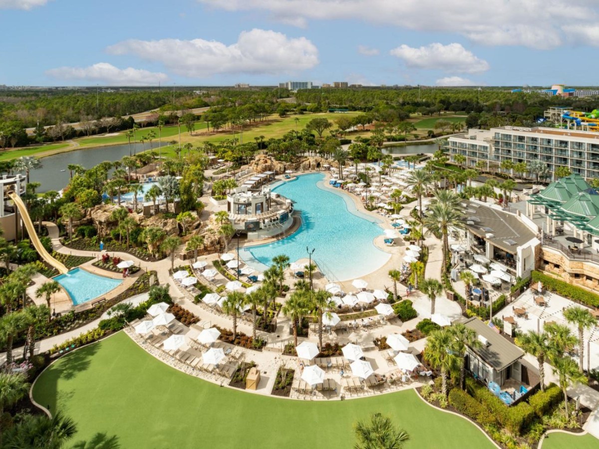 Aerial view of the Falls Pool slides and River Falls tower at Orlando World Center Marriott