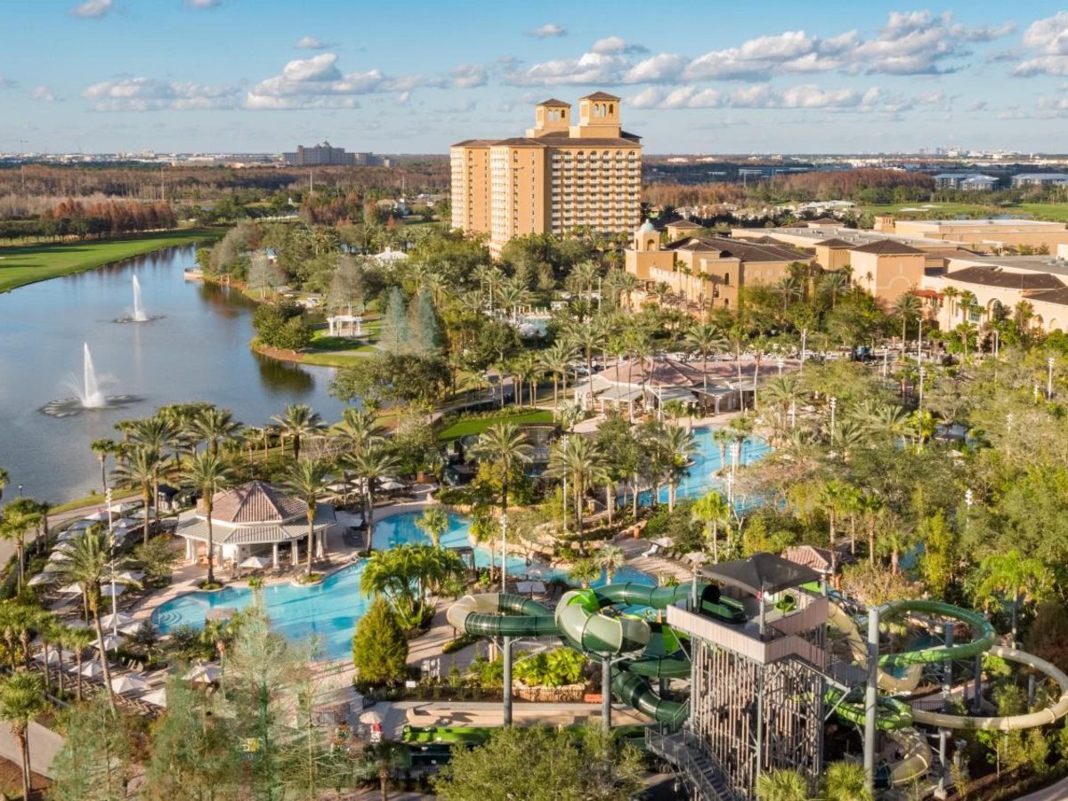 Aerial view of the Grande Lakes waterpark slides and pools next door to The Ritz-Carlton Orlando, Grande Lakes