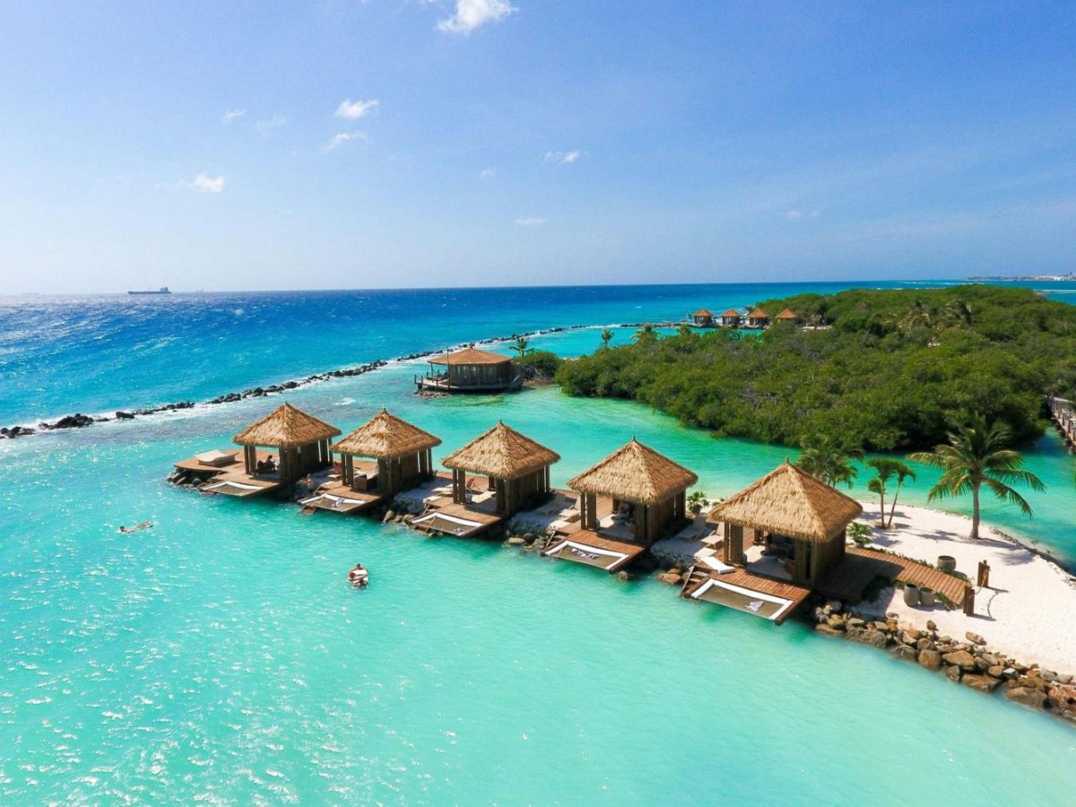 Aerial view of the cabanas on the private island at Renaissance Wind Creek Aruba Resort