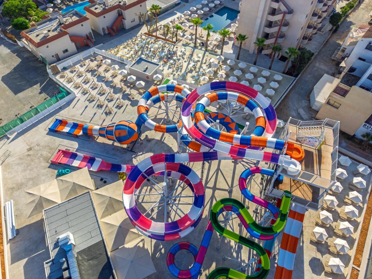 Aerial view of the slide park at Sun Palace Protaras Waterpark Resort in Pernera