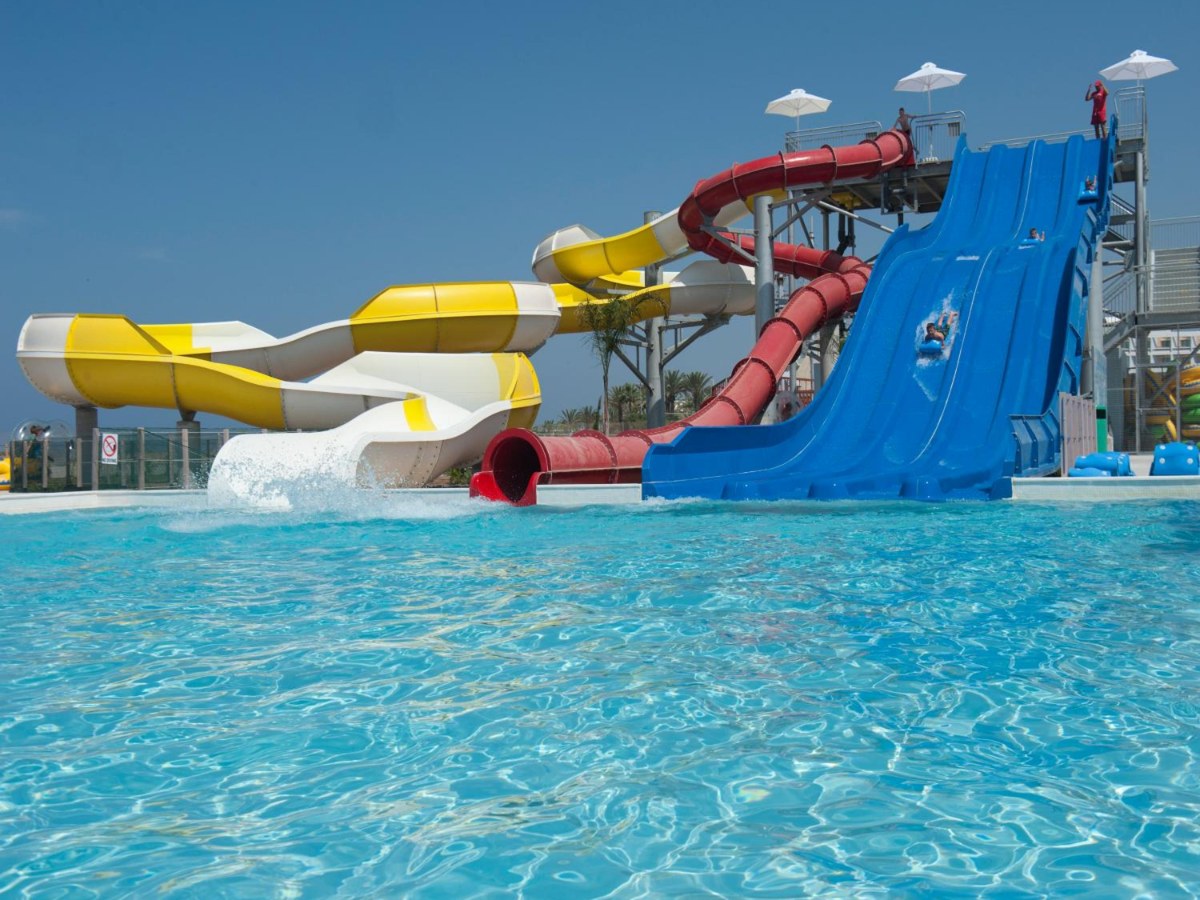 Water slides over the waterpark pool at Louis Phaethon Beach in Paphos