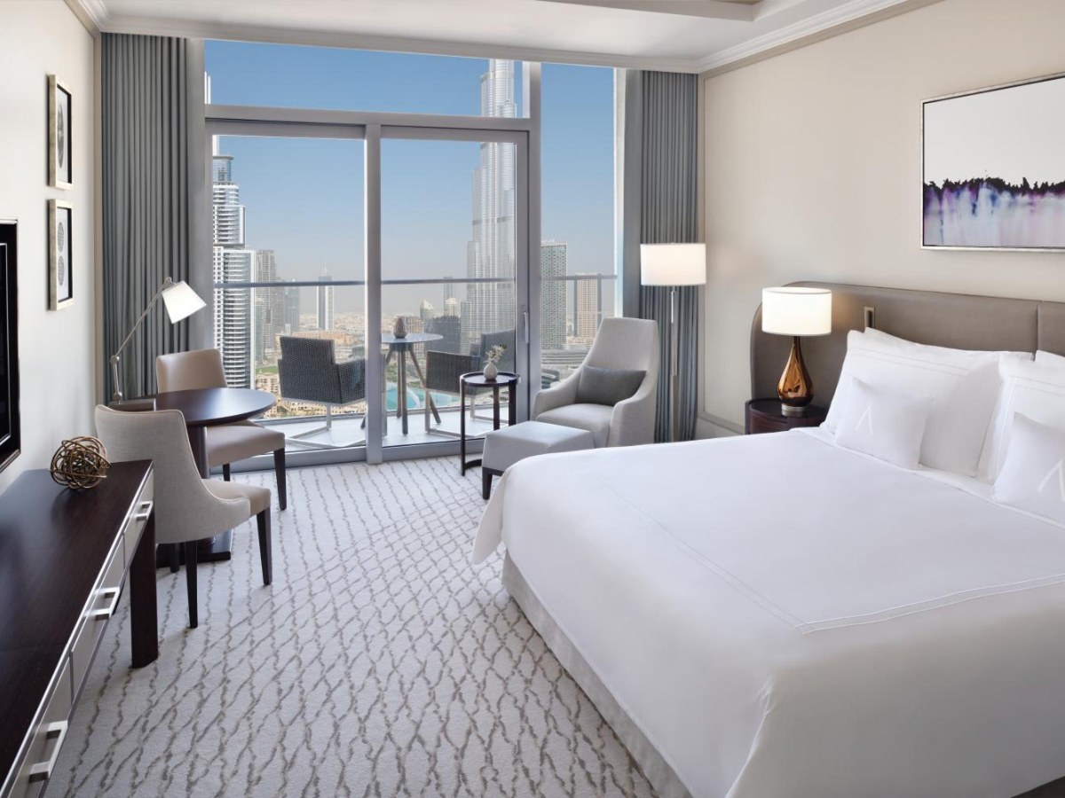 Address Dubai Mall Deluxe room with the Burj Khalifa beyond the balcony doors