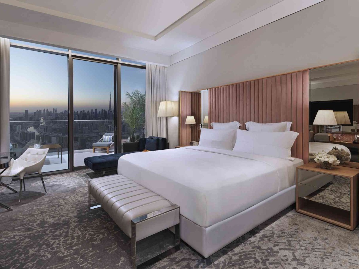 SLS Dubai Signature King room at dusk with the Burj Khalifa on the skyline