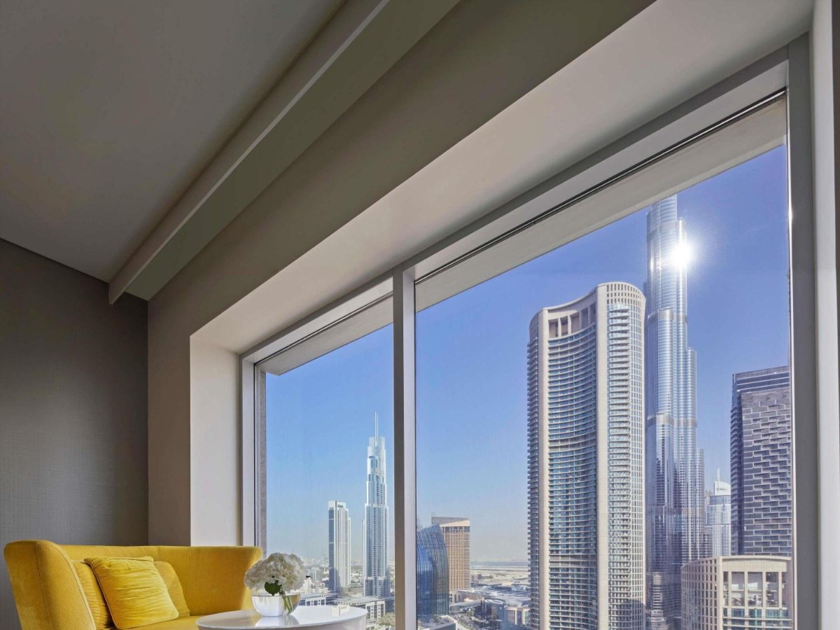 The Burj Khalifa through the window of a Sofitel Dubai Downtown Burj view room