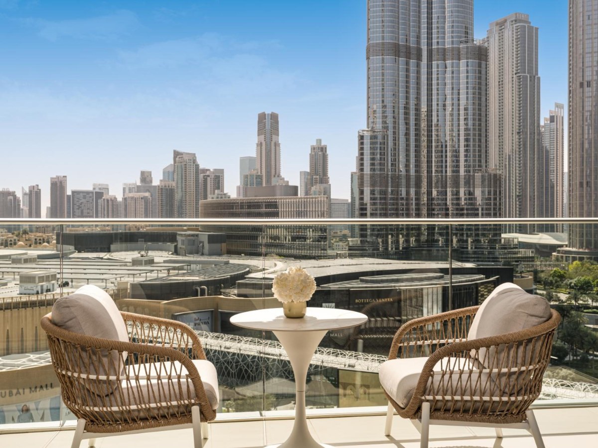 Balcony chairs facing the Burj Khalifa at Kempinski The Boulevard Dubai