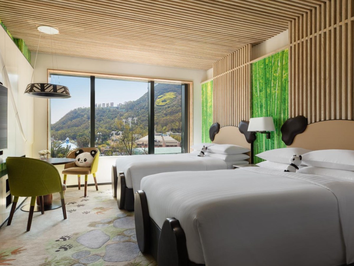 Panda-themed room with two double beds at Hong Kong Ocean Park Marriott Hotel