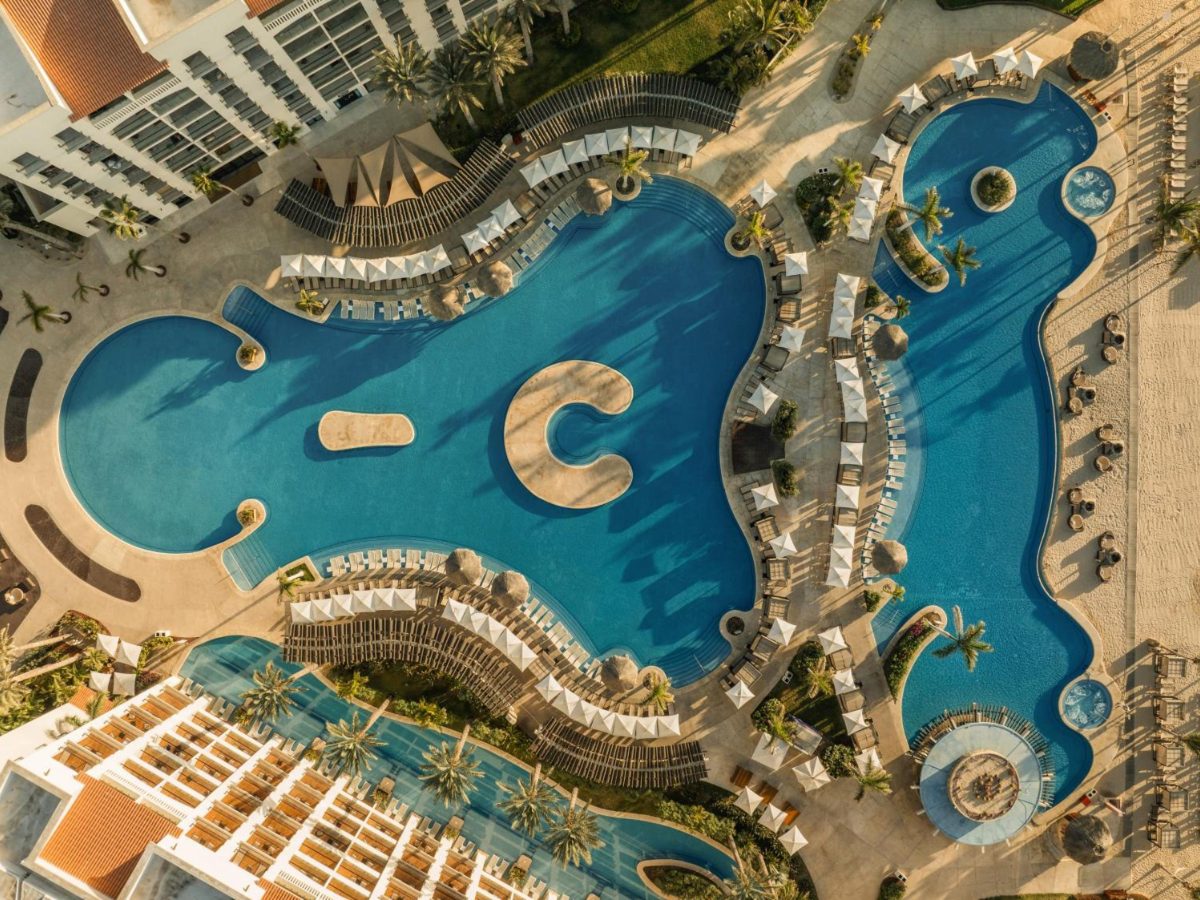 Aerial view of the freeform pool complex at Hyatt Ziva Los Cabos