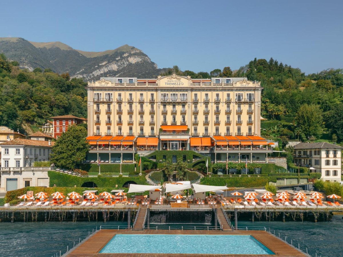 Grand Hotel Tremezzo seen from its floating pool on Lake Como
