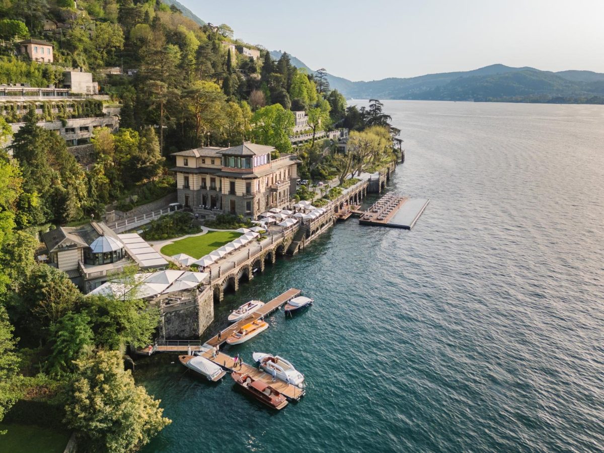 Aerial view of Mandarin Oriental, Lago di Como with its floating pool and boat docks