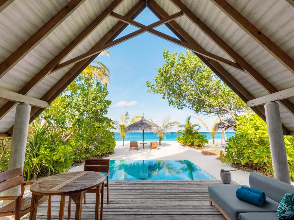 Pool and deck of the Two Bedroom Beach Duplex Villa at Fushifaru Maldives