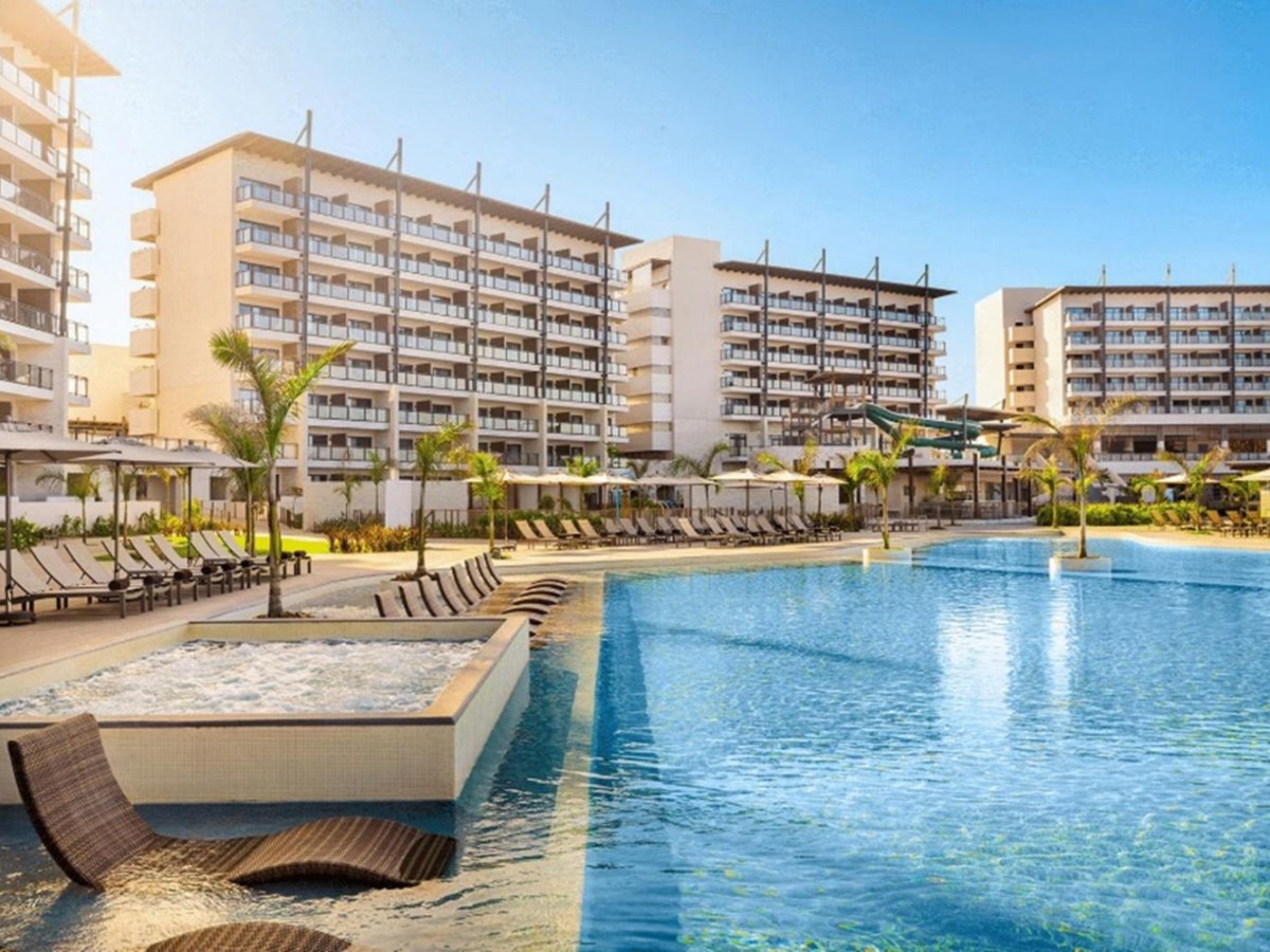 Pool beside the resort towers at Dreams Estrella del Mar Mazatlán