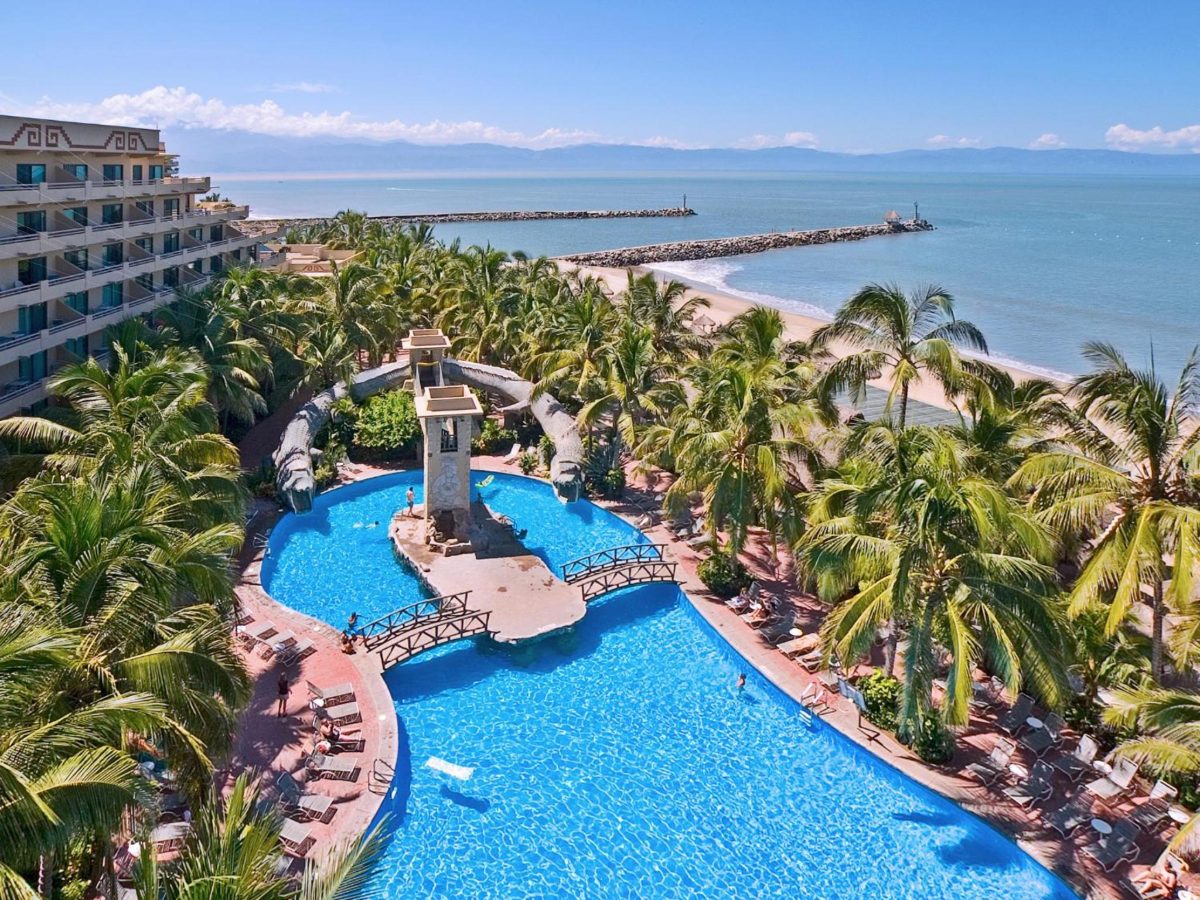 Aerial view of the lagoon pool and slide island at Paradise Village, Nuevo Vallarta