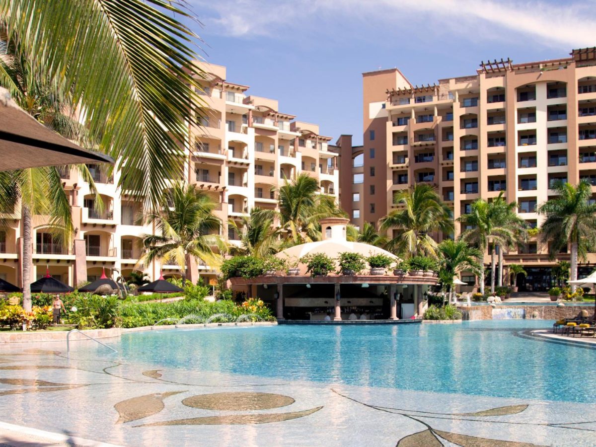 Free-form pool in front of the resort buildings at Villa La Estancia