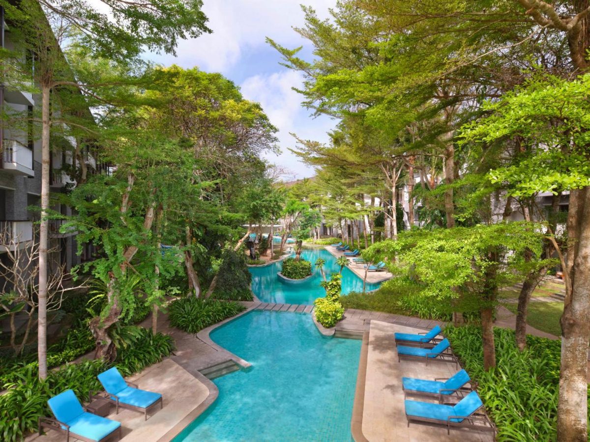 Lazy river curving through the gardens at Courtyard by Marriott Bali Nusa Dua