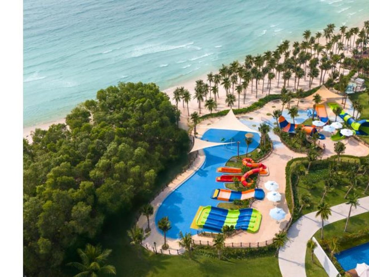 Aerial view of the water park slides at New World Phu Quoc Resort