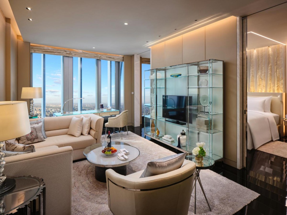 City view through the windows of a Grand Suite Bund View at J Hotel Shanghai Tower