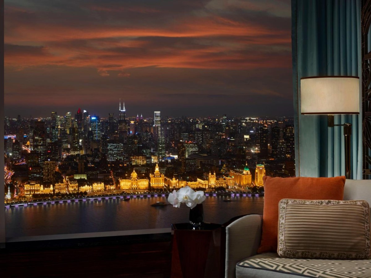 Bund skyline view at dusk from a room at The Ritz-Carlton Shanghai, Pudong