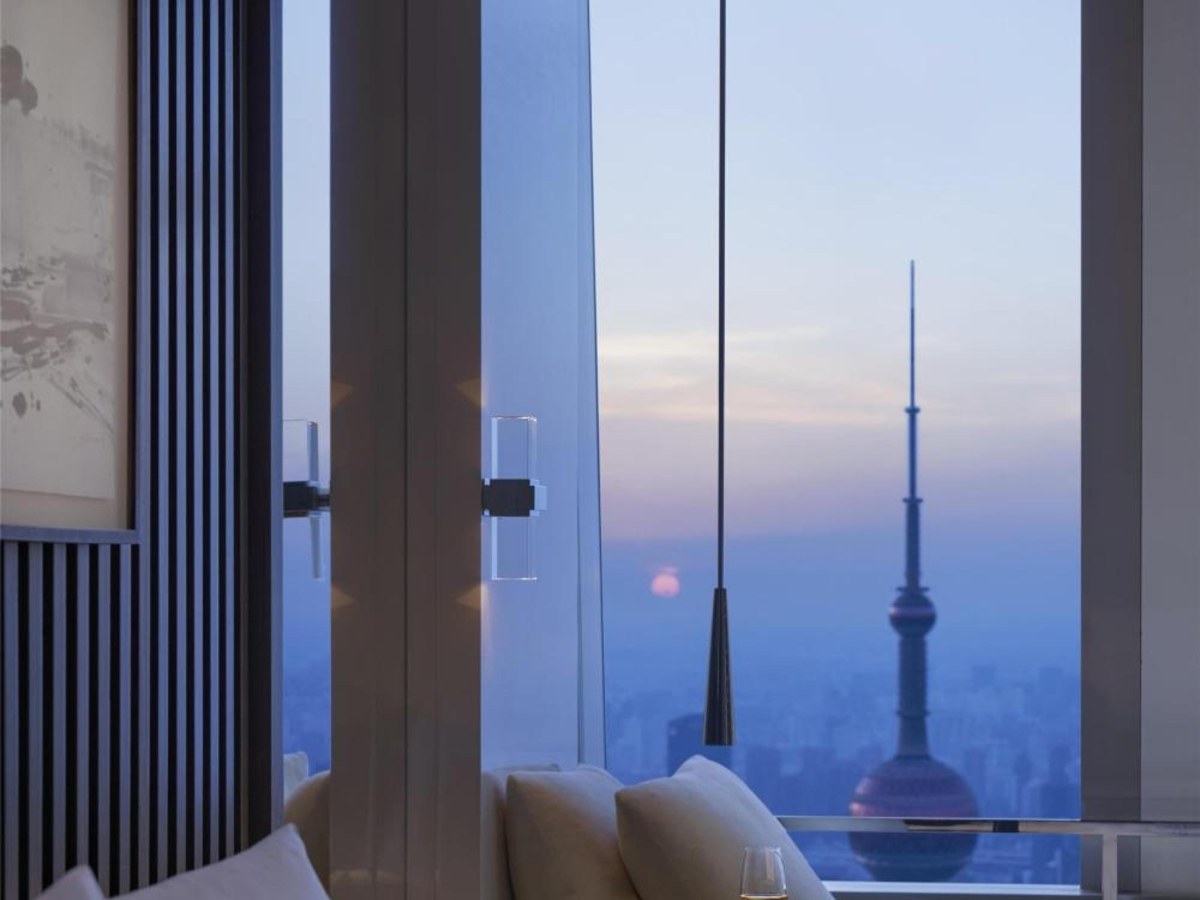 Dusk view of the Oriental Pearl Tower from a Park Hyatt Shanghai room