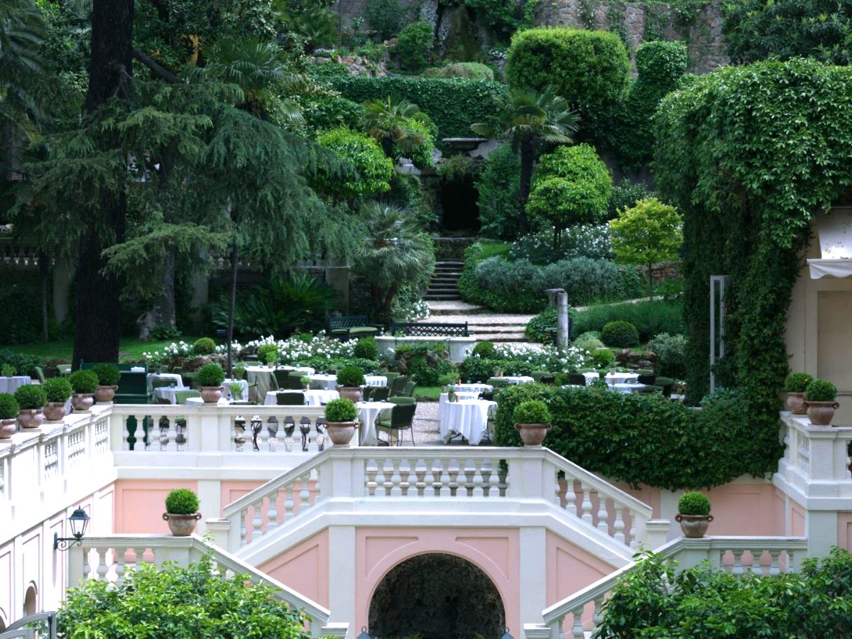 The terraced Secret Garden at Hotel de Russie seen from above